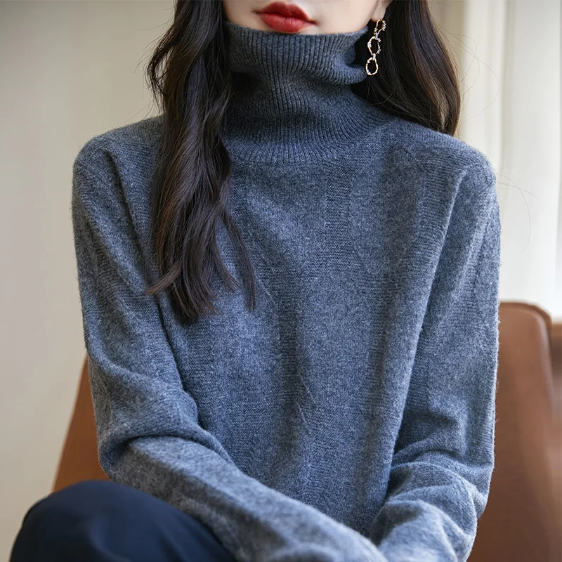 

Autumn/Winter 2024 New 100% Merino Wool Women's Turtleneck Jacquard Sweater Thickened Soft Loose Knit Pullover Korean Top