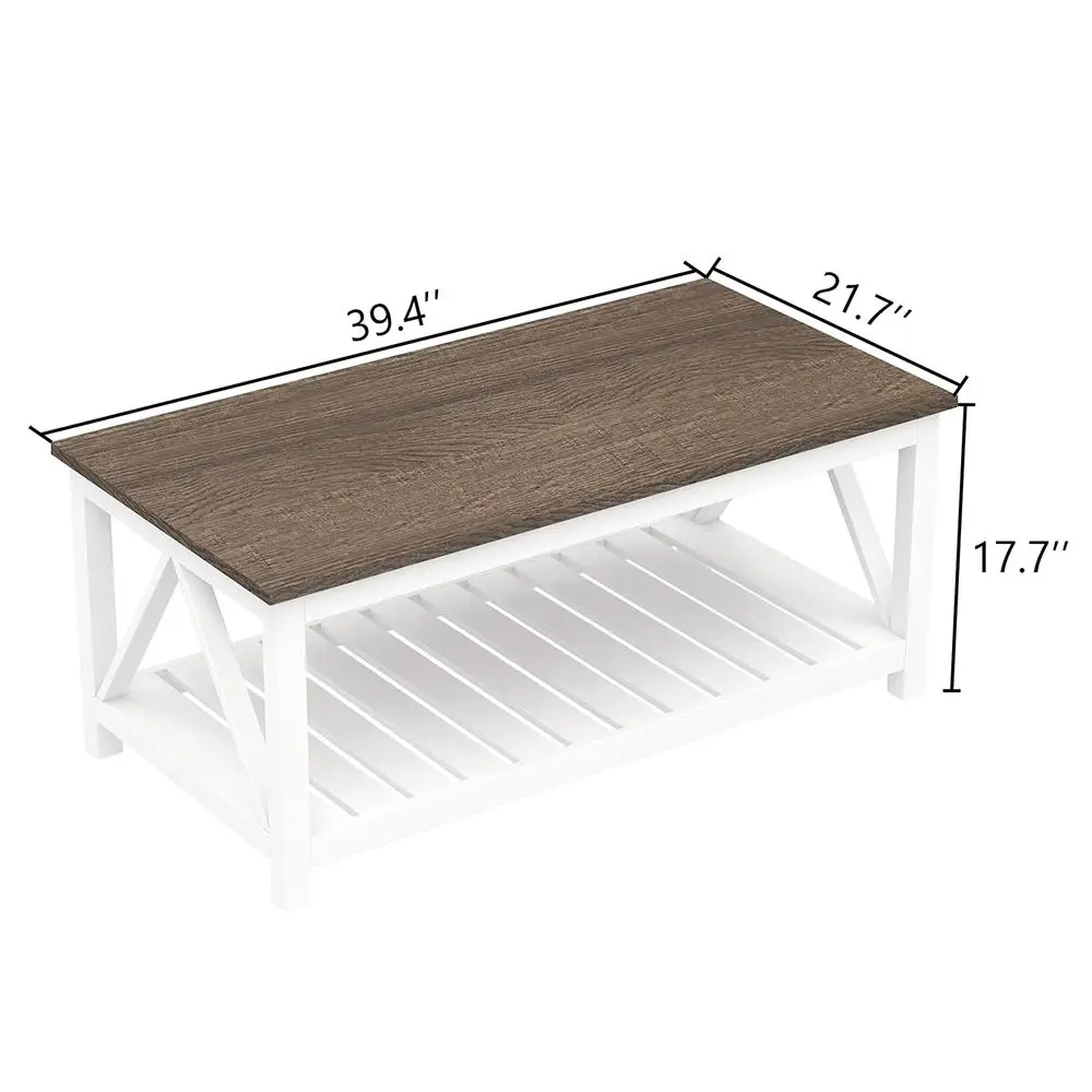 

Farmhouse Coffee Table, Rustic Vintage Living Room Table with Shelf, 40 White