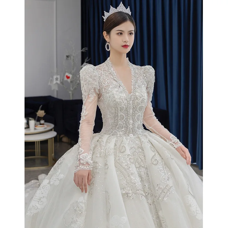 Precioso Vestido De Novia De manga larga para mujer, Vestido De Novia con apliques De lentejuelas y cuello en V, Vestido De Novia elegante