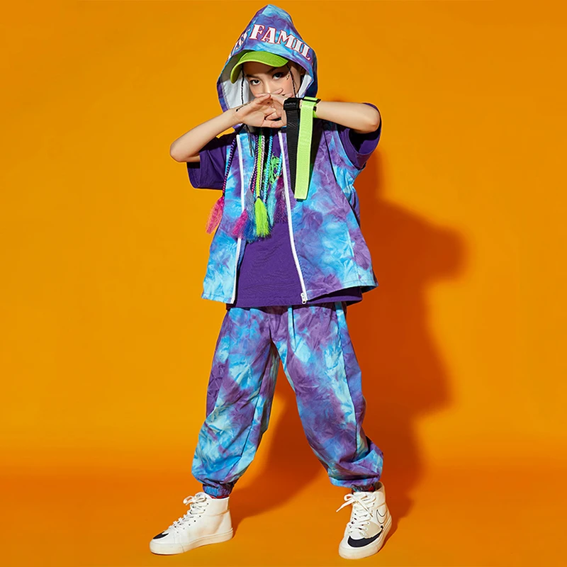 Blue Tie Dye Hip Hop Clothing For Kids Girls Jazz Dance Performance Costume Boys Street Wear Fashion Hiphop Stage Outfits BL6423