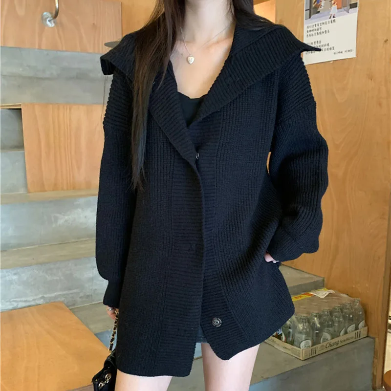 Gidyq Korean Women Cardigan Sweater Streetwear Fashion Black Loose Knitted Coats Casual Female All Match Jacket Autumn New