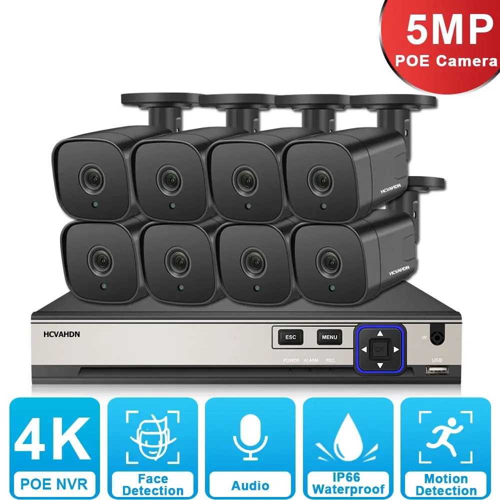 Kit NVR POE de 10 canales, sistema de cámaras de seguridad CCTV negro resistente al agua para exteriores, cámara tipo bala IP de 5MP, sistema de videovigilancia de 8 canales