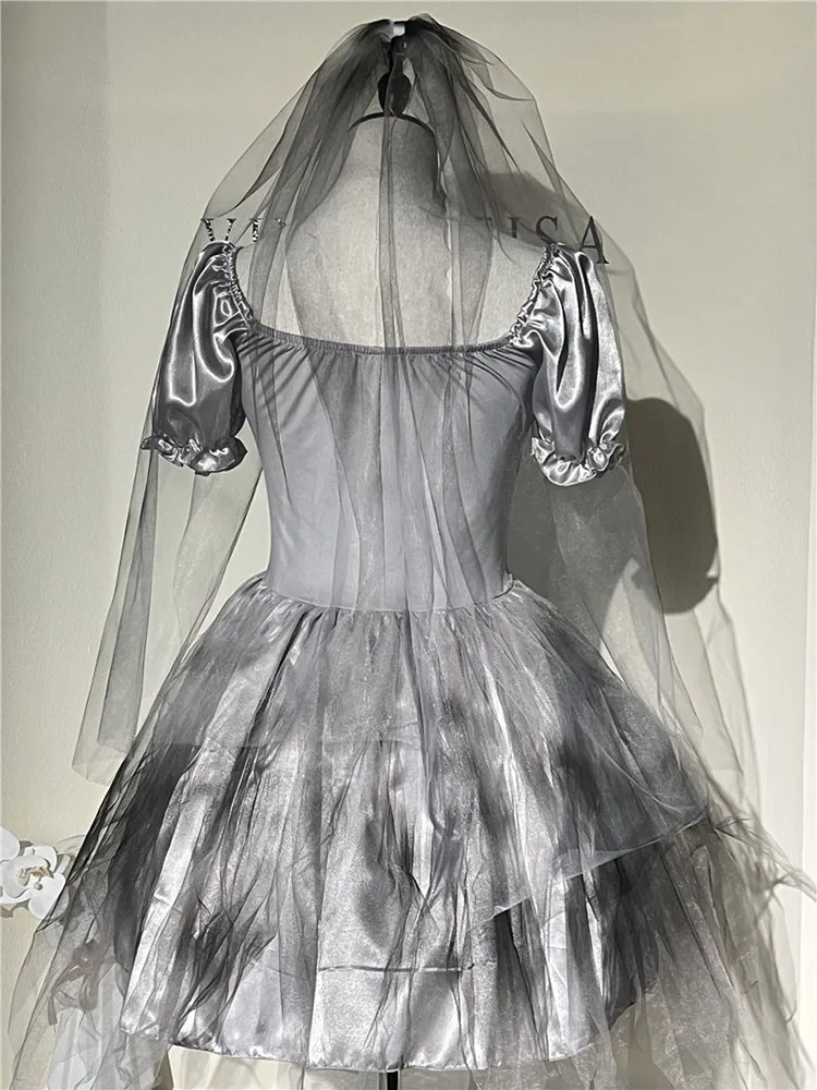 زي مصاص دماء مثير للعروس الجحيمية، تنورة قصيرة لحفلات الهالوين المرعبة، زي شبح رمادي، أزياء نسائية للمسرح