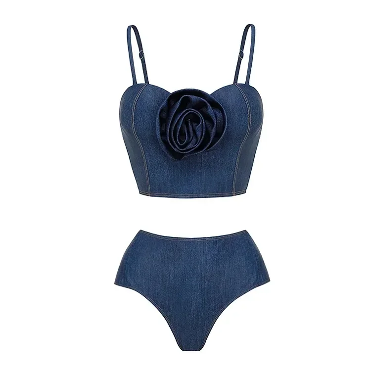 2024  3D Flower denim printed luxury Women Bikini Set Swimsuit  Women Swimwear Beachwear bikinis bathingsuit Tankini