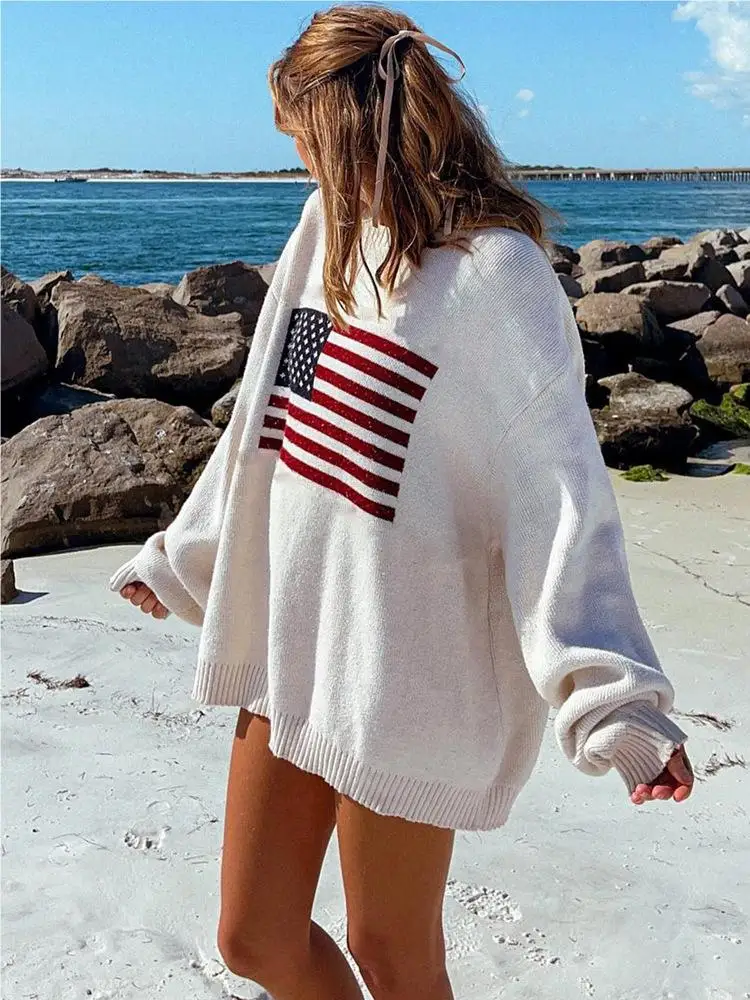 2024 New Women Flag Pattern Sweaters Vintage Loose Warm Sweaters Long Sleeve Round casual Harajuku Pullovers Knitwear Streetwear