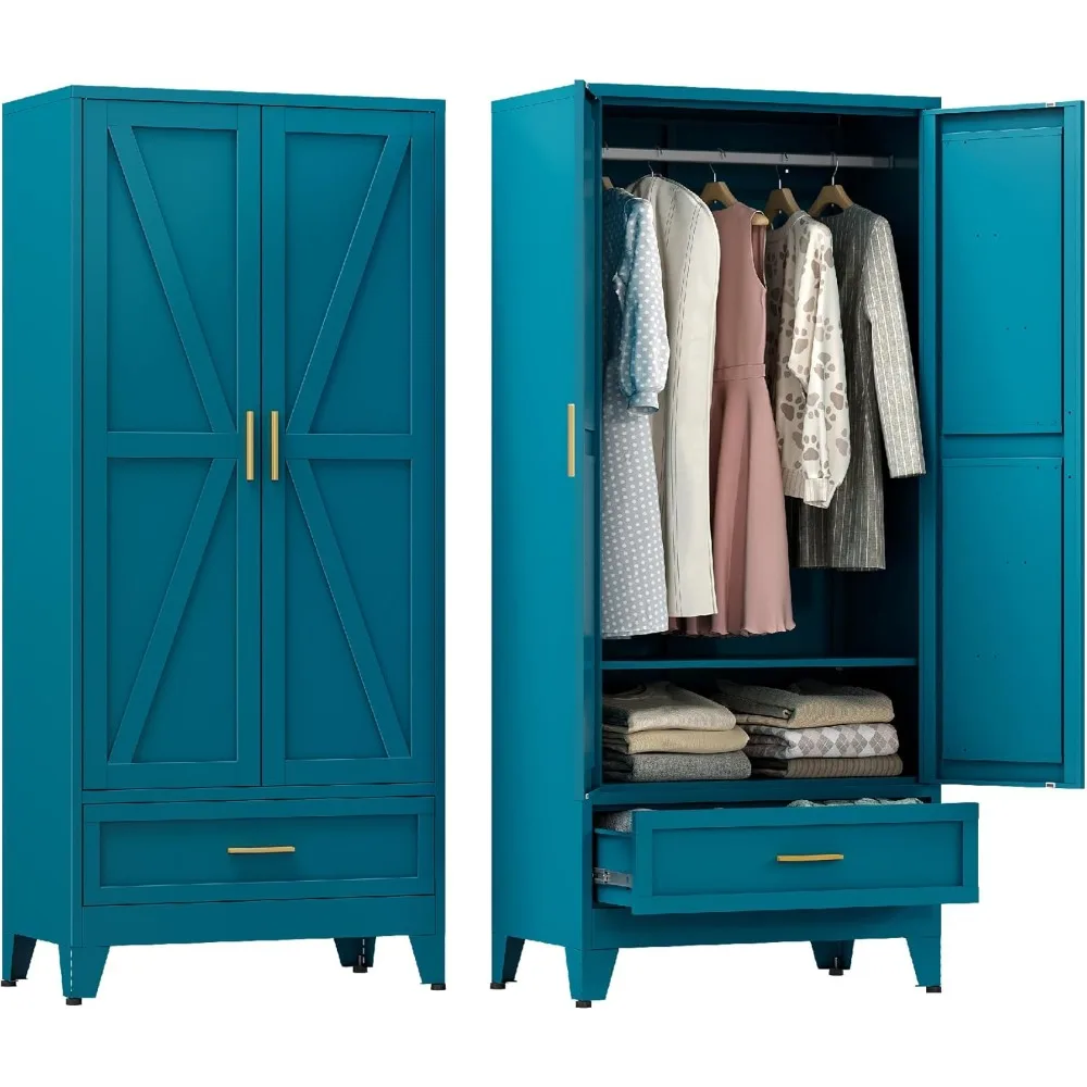 

Wardrobe Cabinet with One Drawers,Metal Wardrobe Closet with Hanging Rod,Metal Armoire with Adjustable Shelves for Bed