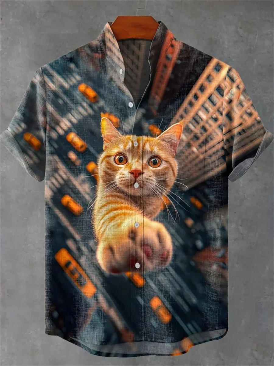 Men's shirt art 3D printing casual new linen shirt, kitten series shirt, comfortable and breathable fabric