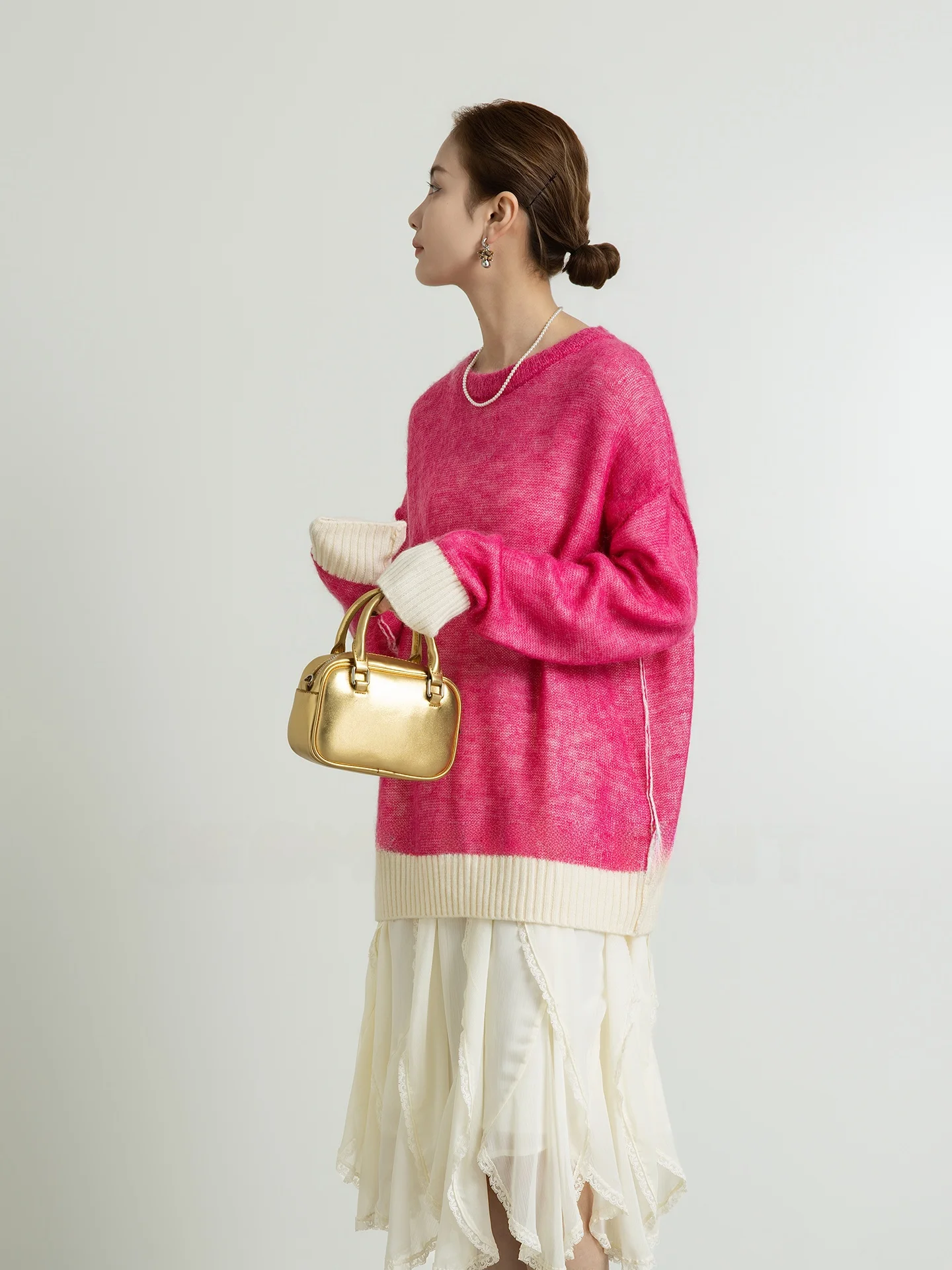 

Женский вязаный свитер свободного кроя с круглым вырезом, двухслойный, в стиле колор-блок, в дофаминовом стиле, повседневный, из мягкой шерстяной смеси, весенняя новинка