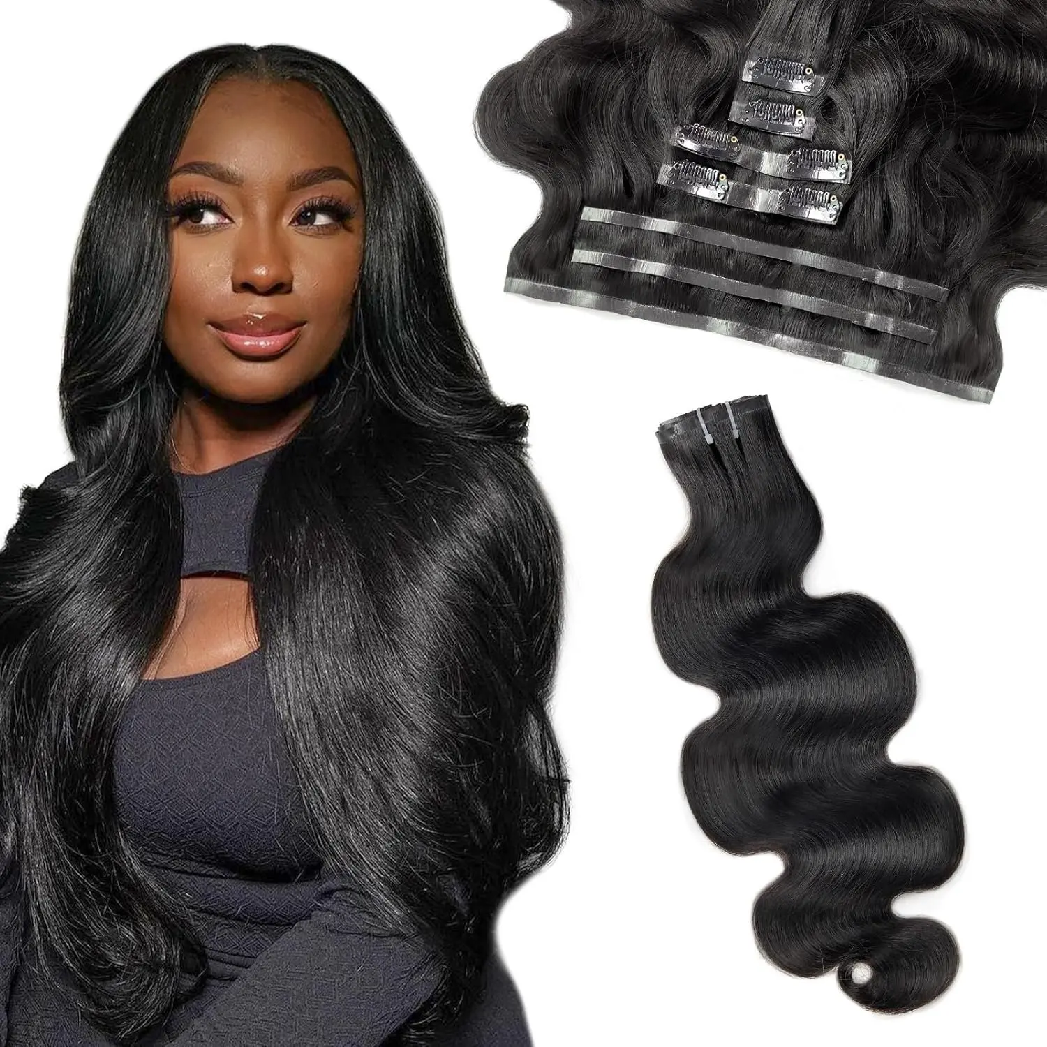 SPYKER Seamless Clip in Hair Extensions 100% Human Hair Upgrade Body Wave Natural Black Soft PU Clip Ins Hair With Invisi Edge