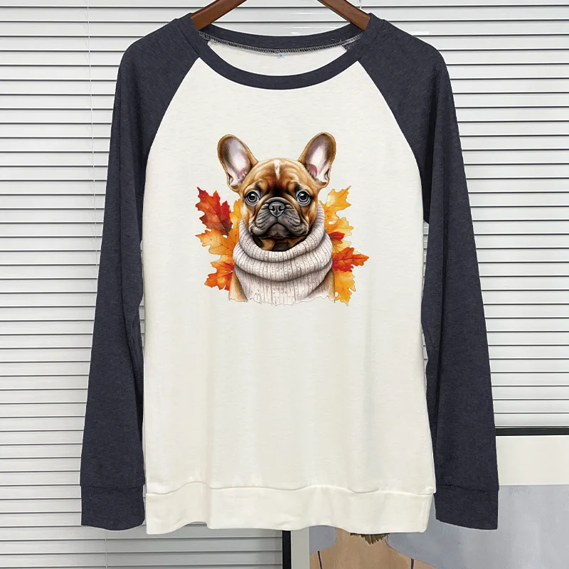 Women's Long Sleeved T-shirt Color Blocking Round Neck Dog Print Elastic T-shirt Fashion Casual Loose Top Harajuku Clothes
