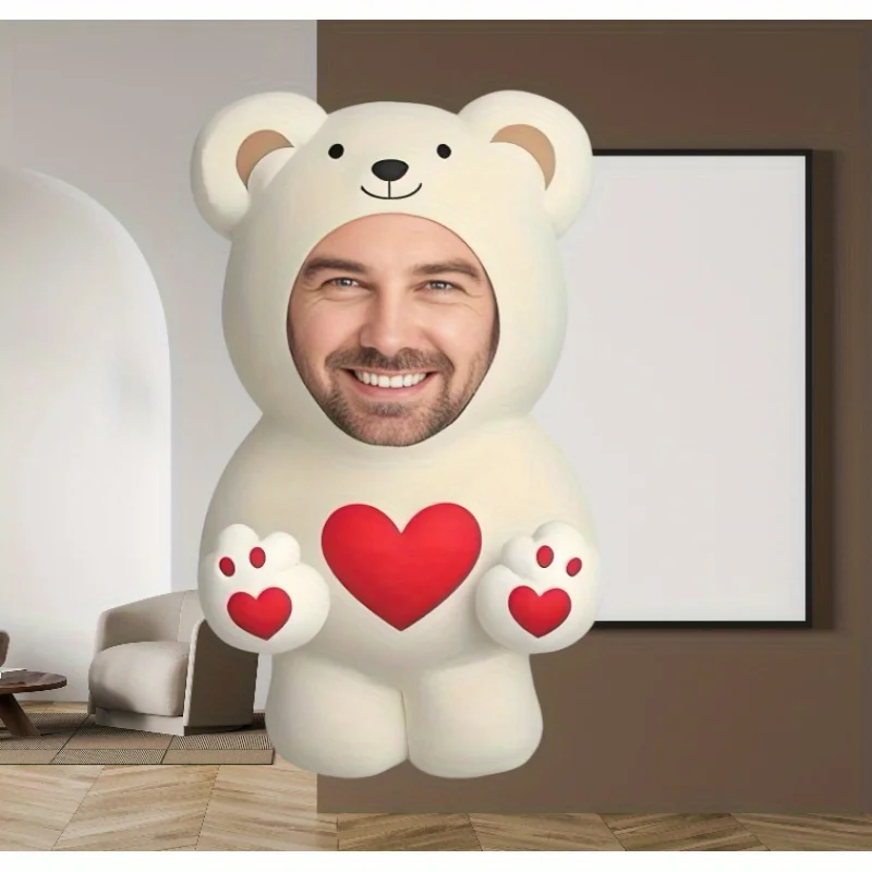 Personalized Irregular Bear Shaped Cushion Custom Human Face Red Heart Plush Pillow DIY Photo Upload Sofa Decor Anniversary Surp