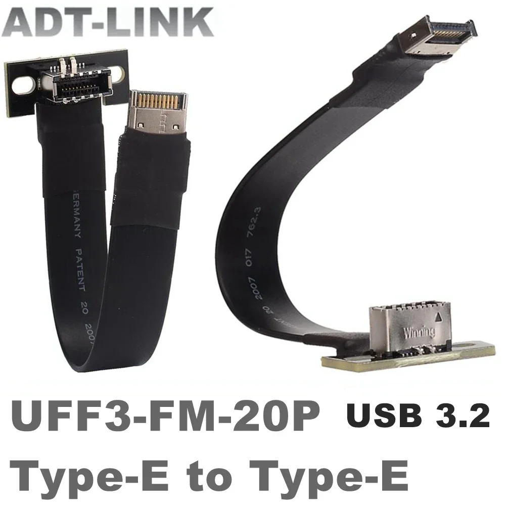 ADT Internal USB 3.2 20Pin GEN2 Type E Male To Type-E Female Adapter Front Panel Socket Extension Flat Ribbon Cable w Screw Hole