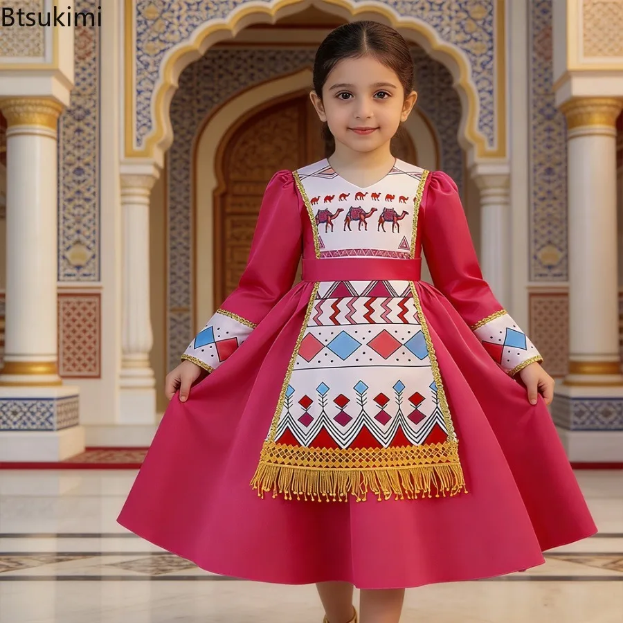 

2026 Muslim Kids Clothing Girls Dubai Middle East Robe Ethnic Style Printed Tassel Princess Dress Arab Kaftan Child Casual Dress