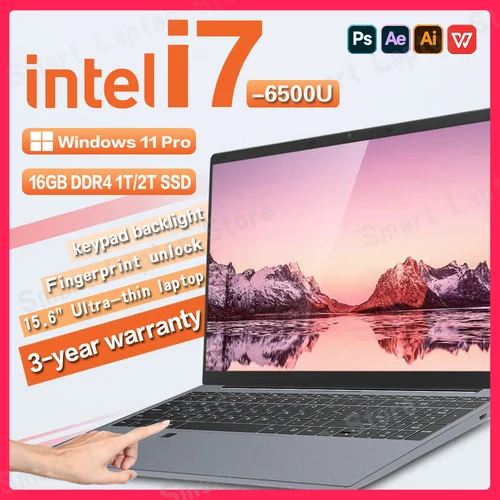 인텔 코어 i7 6500U 노트북 컴퓨터 PC, 윈도우 11 프로, 16GB DDR 1TB SSD 노트북, 사무실 지문 잠금 해제 게임 PC, 15.6 인치, 2025 신제품 