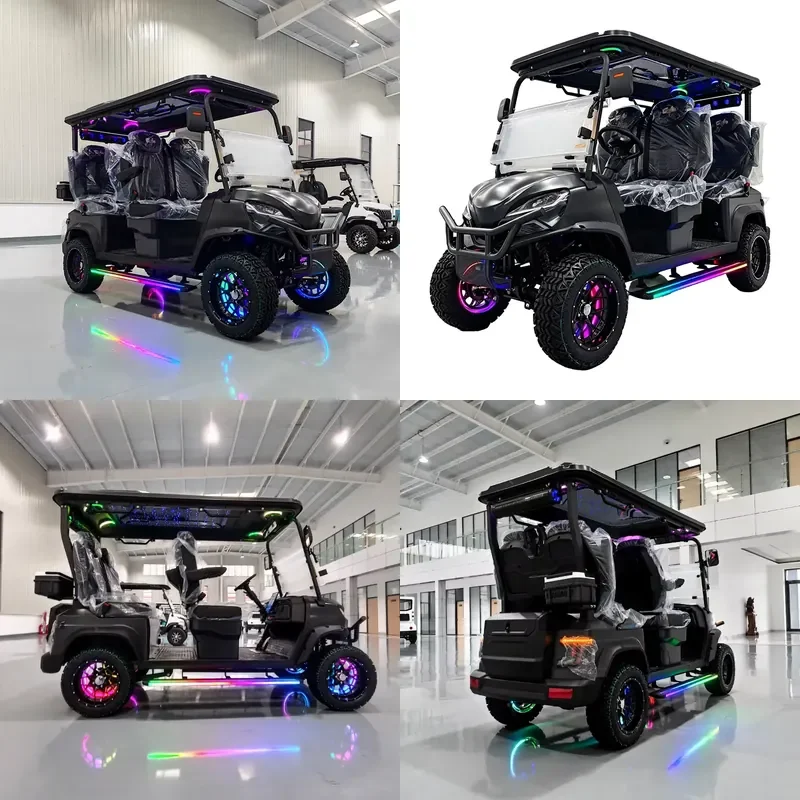 4+2 Seater Off Road Electric Golf Utility Vehicle Matte Black Aluminum LED Light Strip Front Storage Basket Max Speed