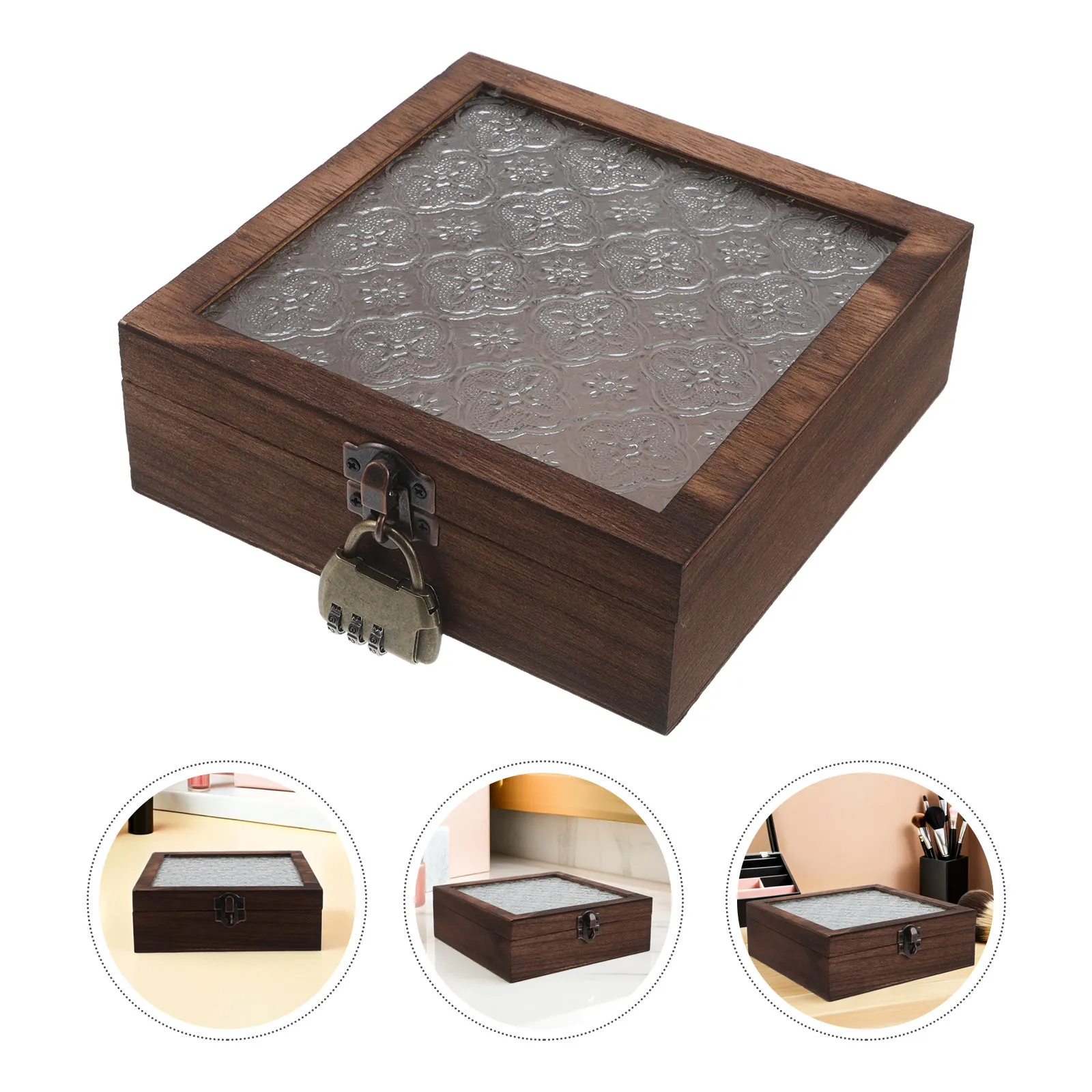 

Wood Jewelry Box Glass Lid Vintage Decorative Treasure Box Organizer for Rings Earrings Necklace Display Trinket Organizer