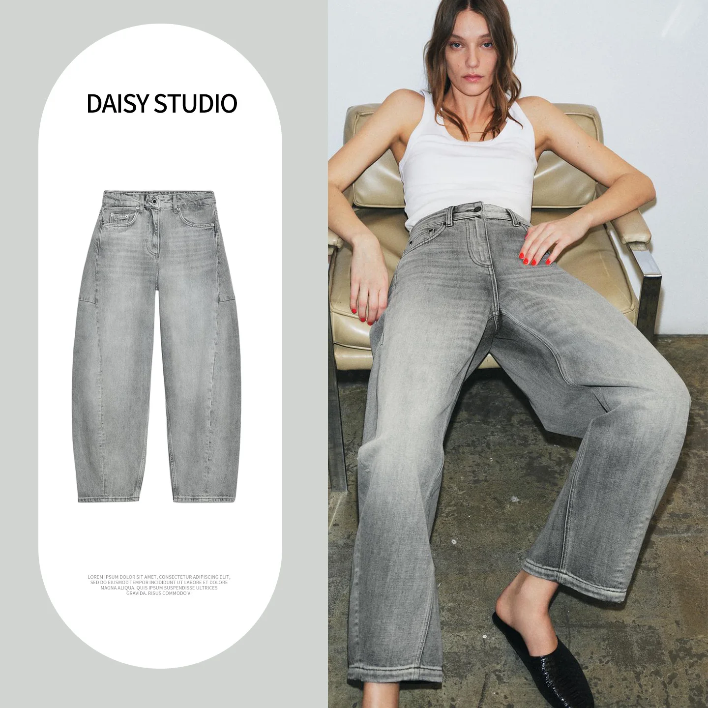 

Spring Women's Casual Sle Zipper Waed Effect Mid-Waist Nine-Piece Balloon Denim Jeans Slim Fit Polyester Fiber