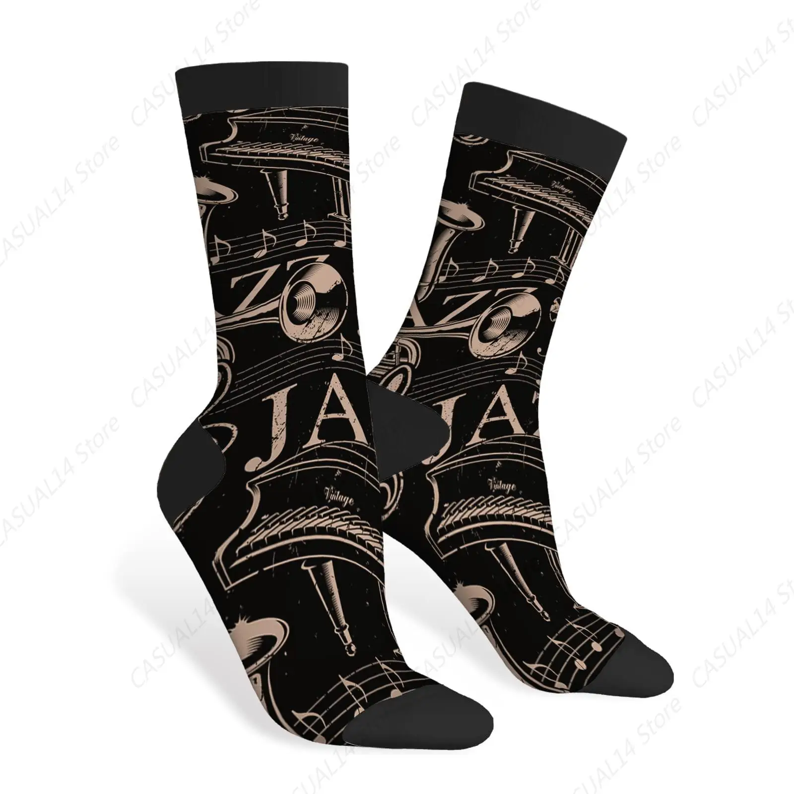 Music of Jazz Theme Funny Socks Musical Instruments Notes and Words Double Bass Treble Socks Color Design for Women Men Gift