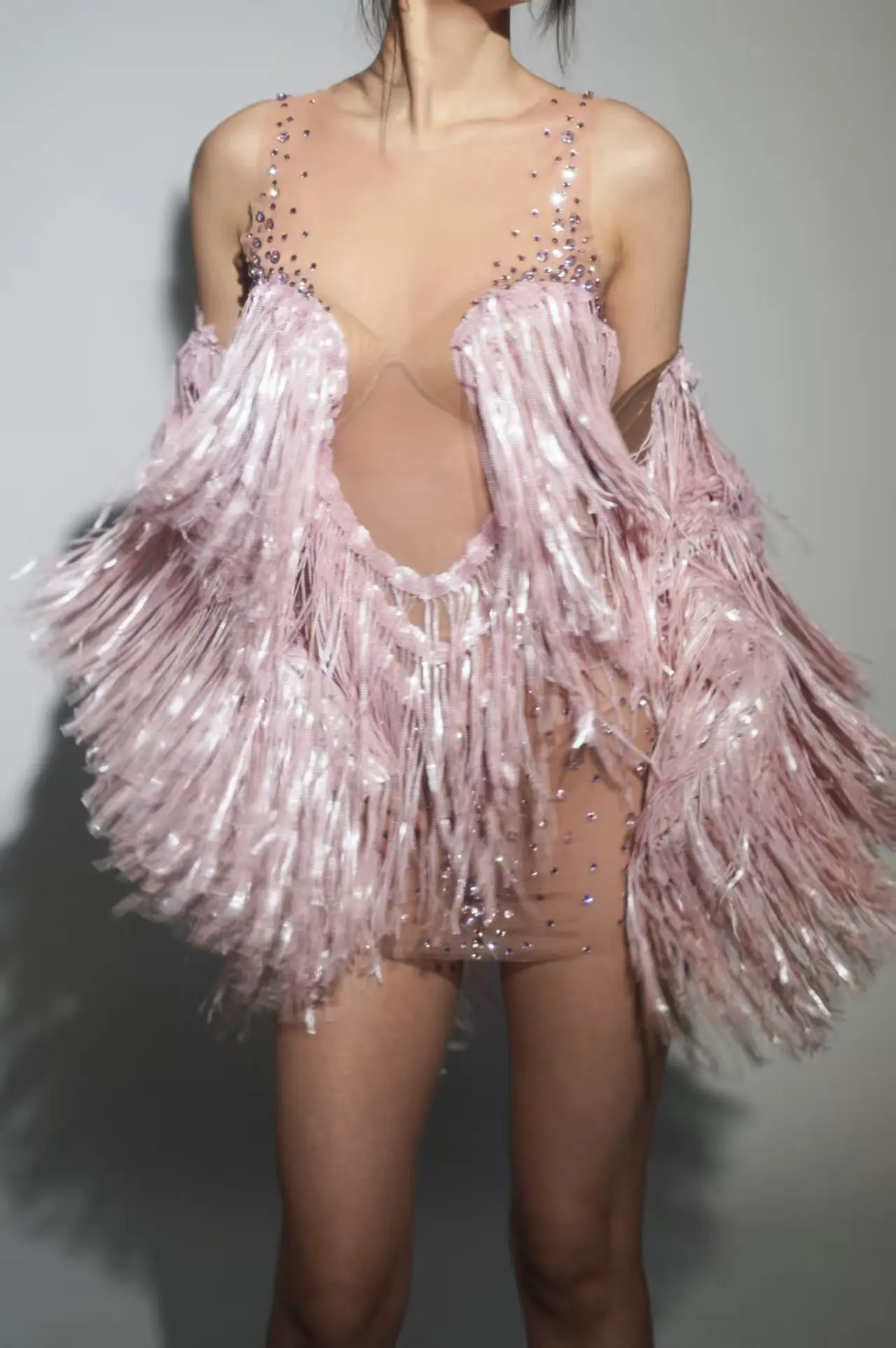 Sexy Birthday Dance Costume Singer Stage Wear Sparkly Rhinestones Sequins Tassels Short Dress with Shawl 2 Pieces Set Kuaile