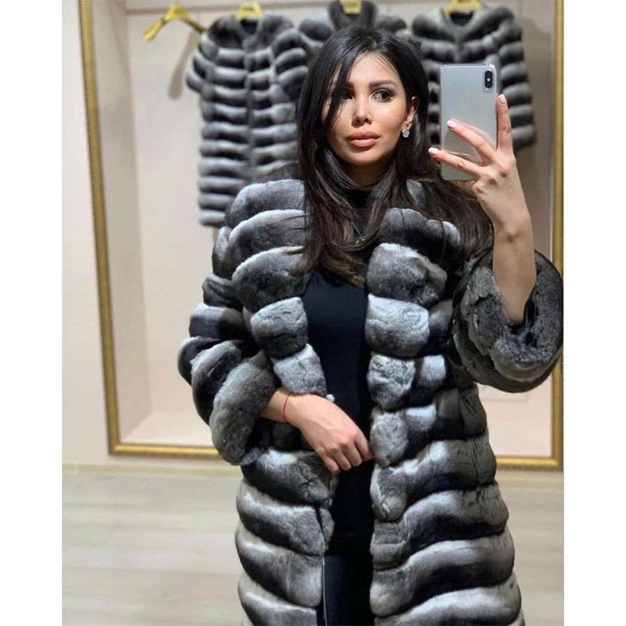 Women's Genuine Rex rabbit Fur Coat Luxury Winter Mid-Length Natural Fur Jacket New In Outerwears 2024