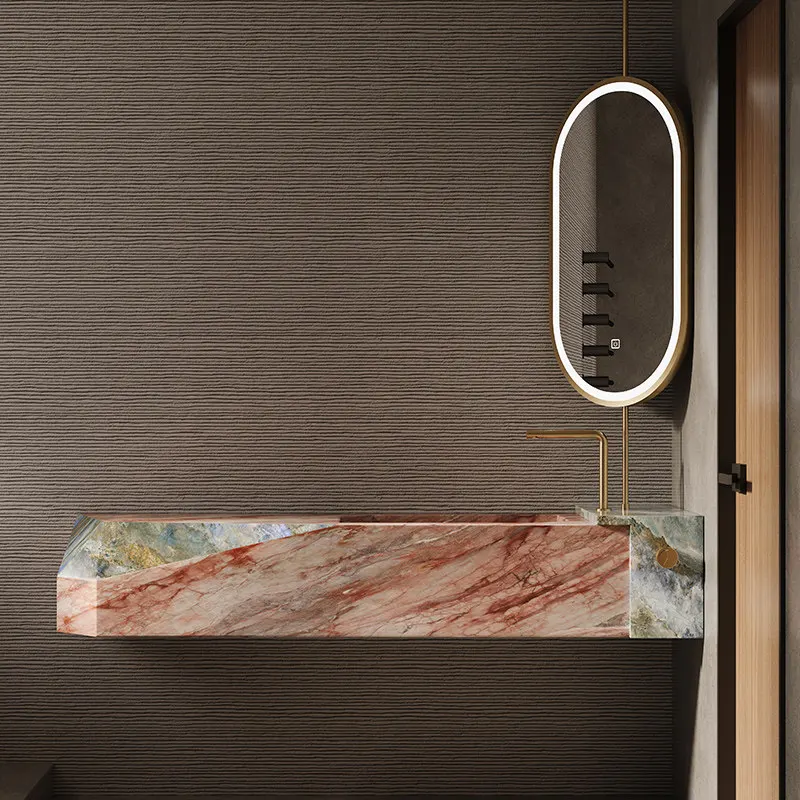 Suspended pink luxury stone rock slab integrated bathroom light luxury high-end customized face wash hand table