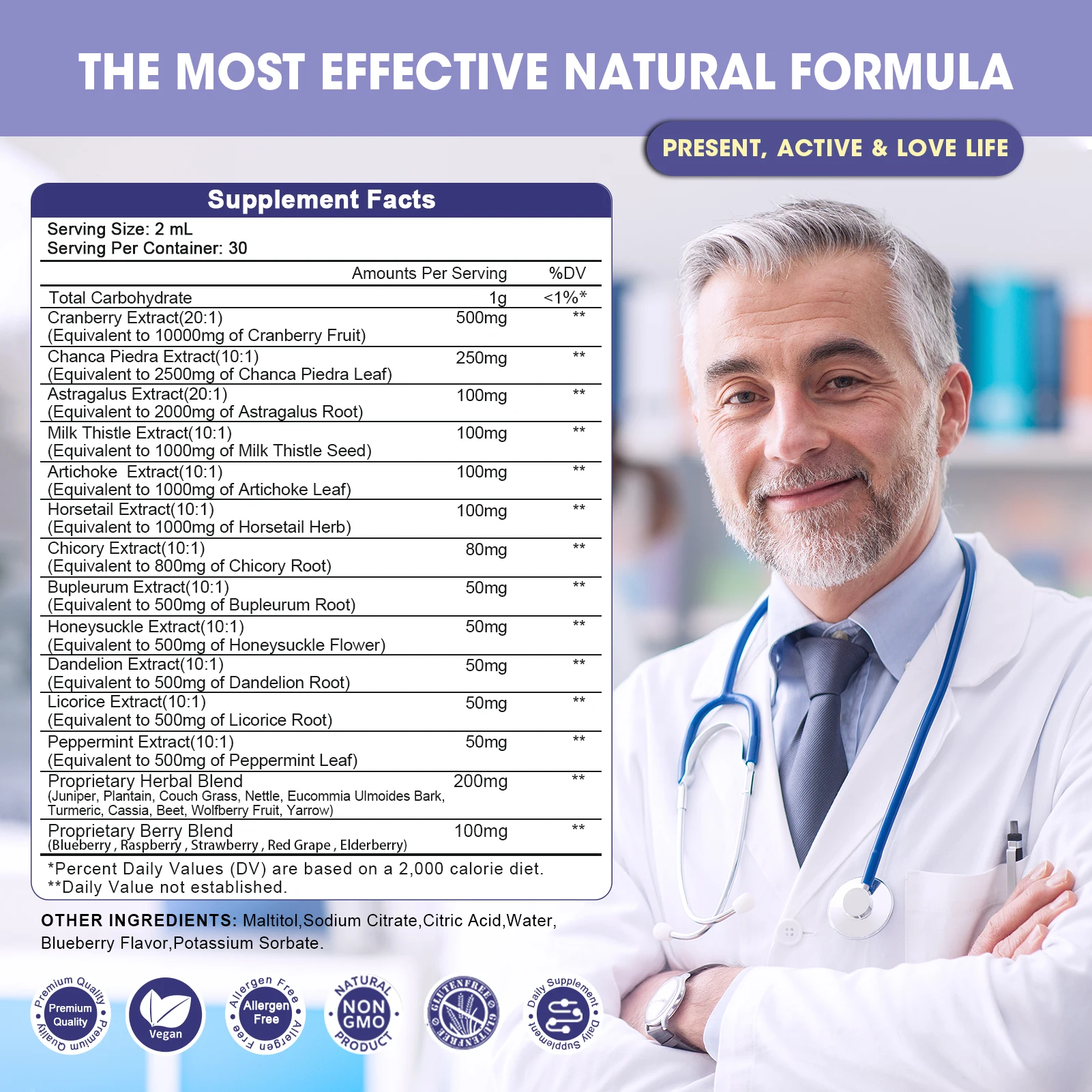 100 ملغ طبيعي 1000 ملغ مستخلص التوت البري قطرات تنظيف الكلى والكبد البولية والمثانة دعم الصحة