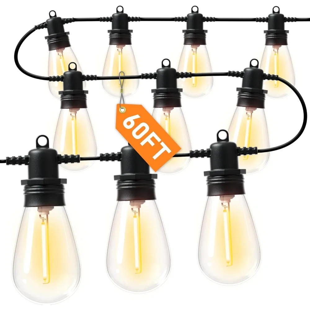 

Уличная гирлянда Edison 60 футов, водонепроницаемая, ударопрочная, 2700K, с регулировкой яркости, коммерческого класса для патио, сада, веранды, террасы