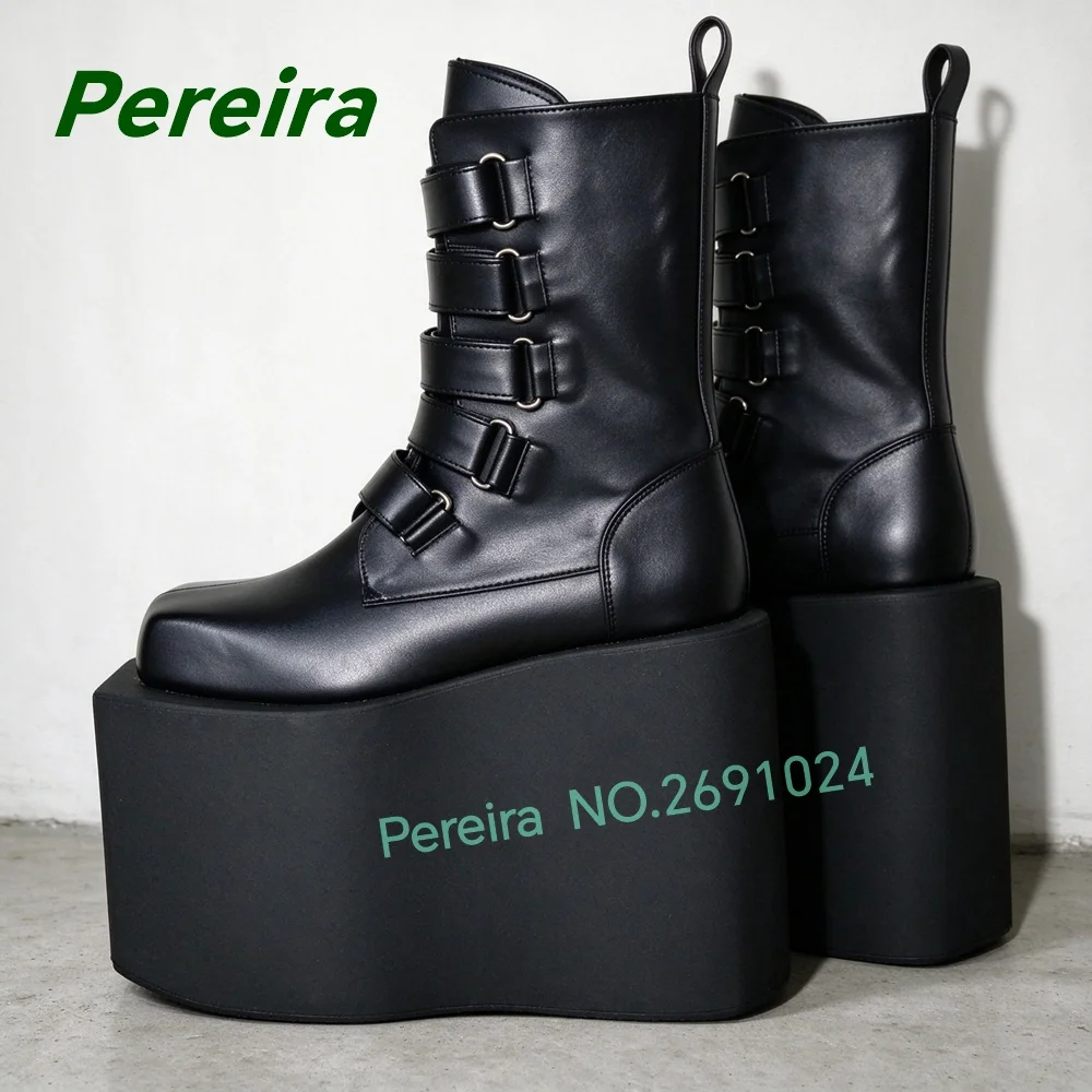 Black Square Toe Platform Wedge Ankle Boots Multi Strap Buckle Gothic Punk High Heel Short Boots Streetwear Cosplay Fashion Shoe