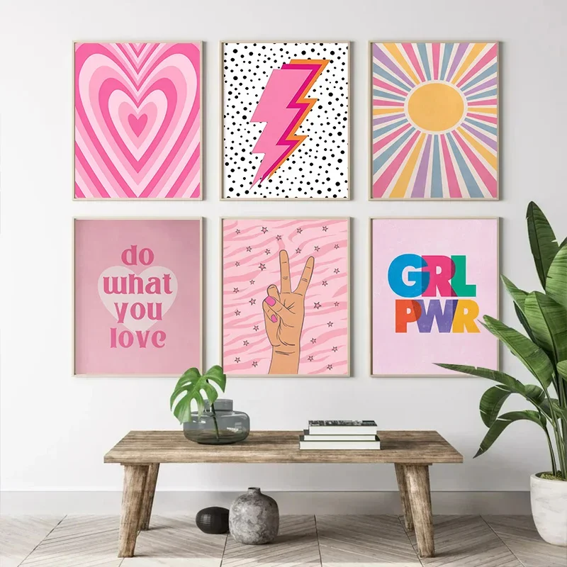 Cuadro sobre lienzo para pared, póster minimalista nórdico, decoración moderna para el hogar, sala de estar, gradiente de relámpago rosa abstracto, amor, corazón, sol