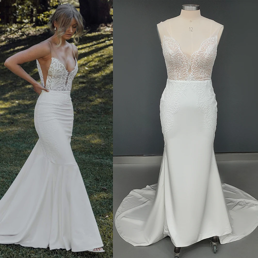 Vestidos de novia de encaje con tirantes finos de sirena, botones hechos a medida, sin espalda, ajuste y llamarada, vestido de novia largo minimalista con microcuello en V