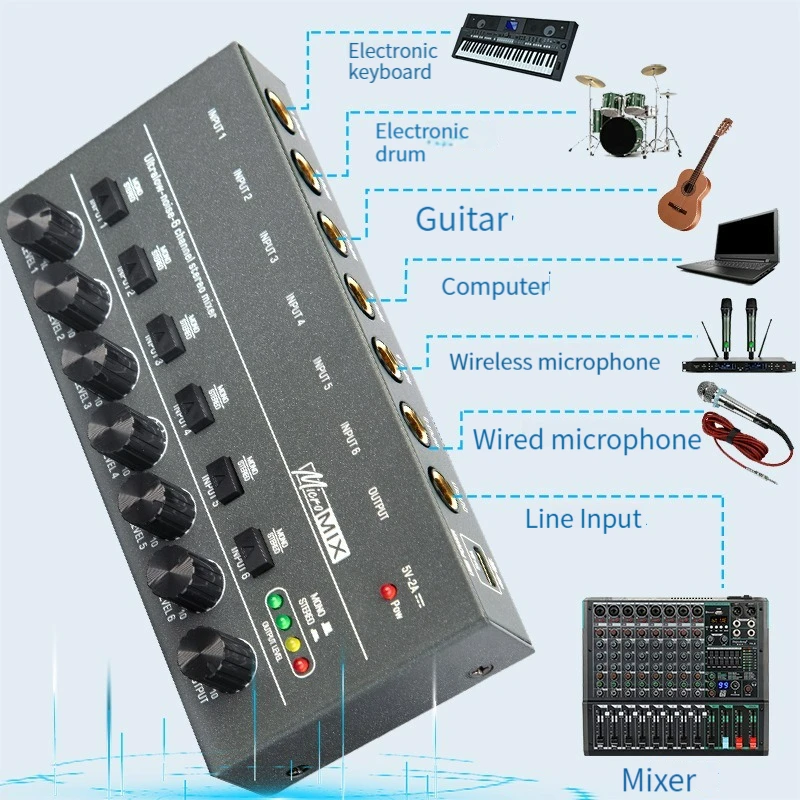 DX600 6-Channel Audio Mixer Upgraded Ultra Low Noise Line Mixer Mini Sound Mixer Power Supply DC5V Easy Operation Audios Mixer