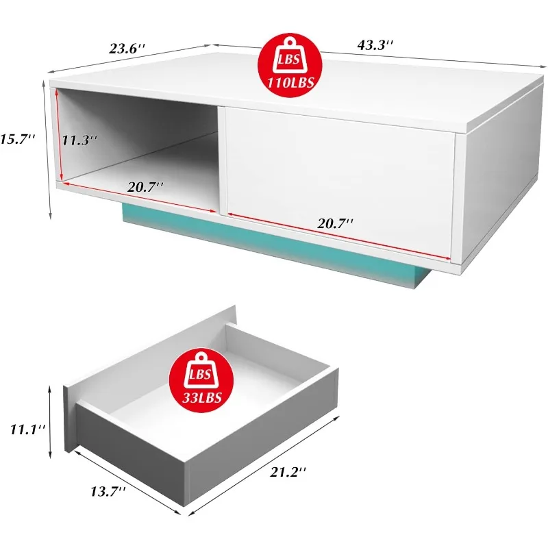 Modern Coffee Tables for Living Room with Drawer 16-Color LED Lights, Rectangle Living Room Sofa Table Ample Storage Space