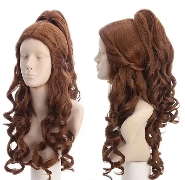 Peluca de disfraz para mujer, pelo largo y rizado, color marrón, ondulado con cola de caballo, ideal para fiesta de Cosplay