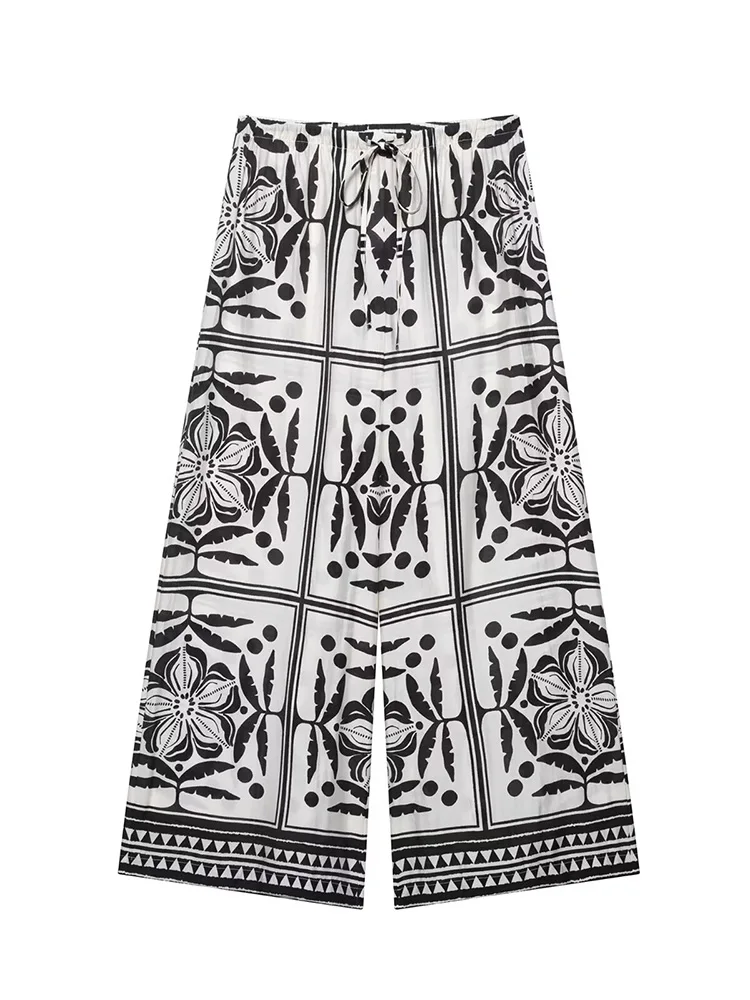 

SIYANG Women Fashion Printed Drawstring Wide Leg Pants Vintage High Elastic Waist Full Length Female Chic Lady Trousers