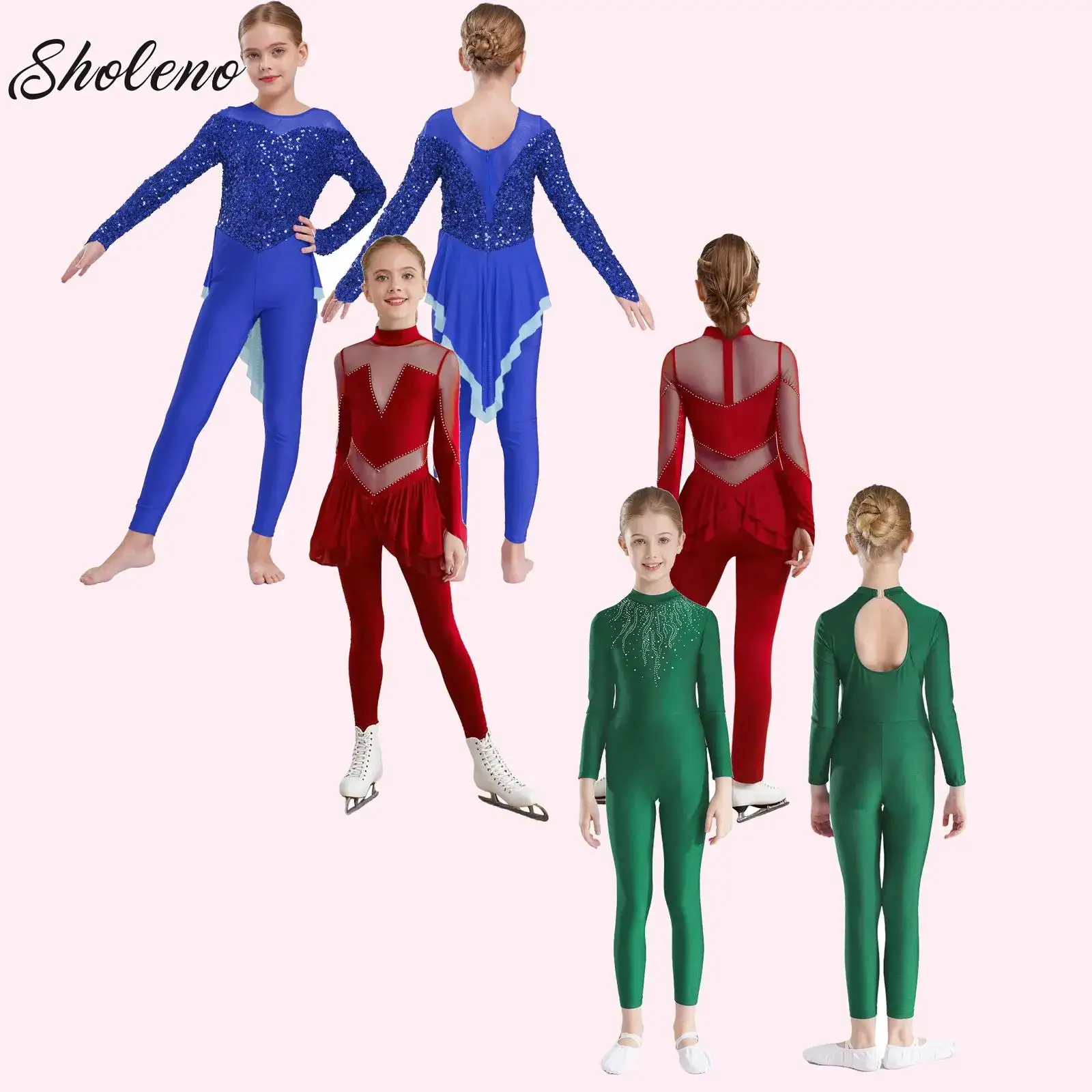 

Kids Girls Figure Skating Jumpsuit Long Sleeve Sheer Mesh Shiny Rhinestones Bodysuit for Ballet Lyrical Gymnastics Performance