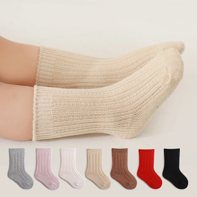 Solid Color Baby Cotton Socks Autumn Winter Knit Sock Middle Tube Sock Newborn Footwear Thick Warm Boy Girl Kids Sokken Sox 여아양말