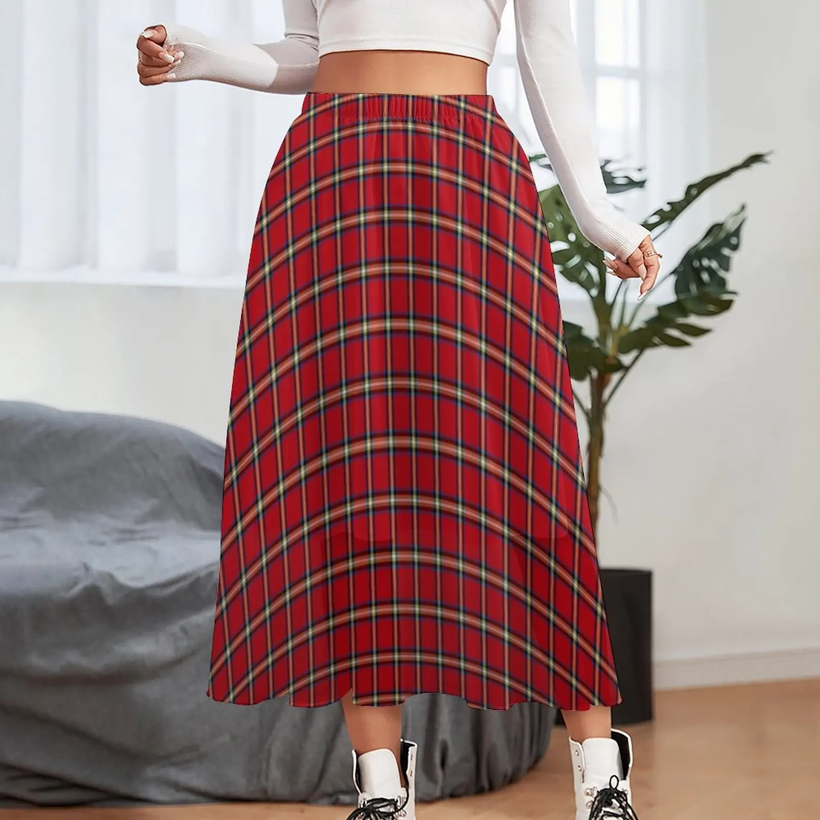 Red Plaid Skirt Vintage Check Elegant Long Skirts Summer Harajuku High Waist Chiffon Printed Oversized Casual Skirt