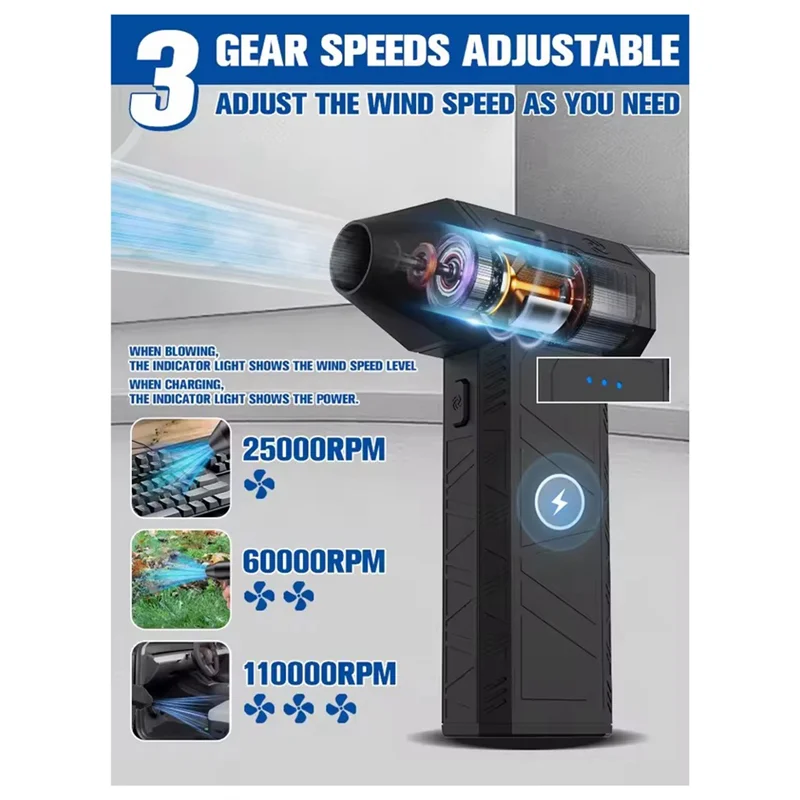 TAIGH-X3 Mini Violent Fan 110000RPM Electric Air Duster With 1 Nozzles Super Fan Air Blower Keyboard Cleaning Tools