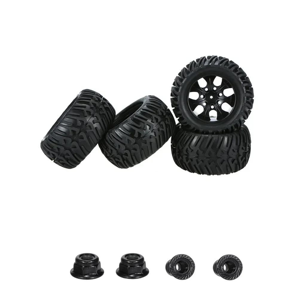 4 Uds. De neumáticos y llantas de goma de 125mm 1/10 RC Monster Truck, hexagonales de 12mm con tuercas de seguridad de nailon de 4mm para Trxs Himoto HSP HPI Redcat