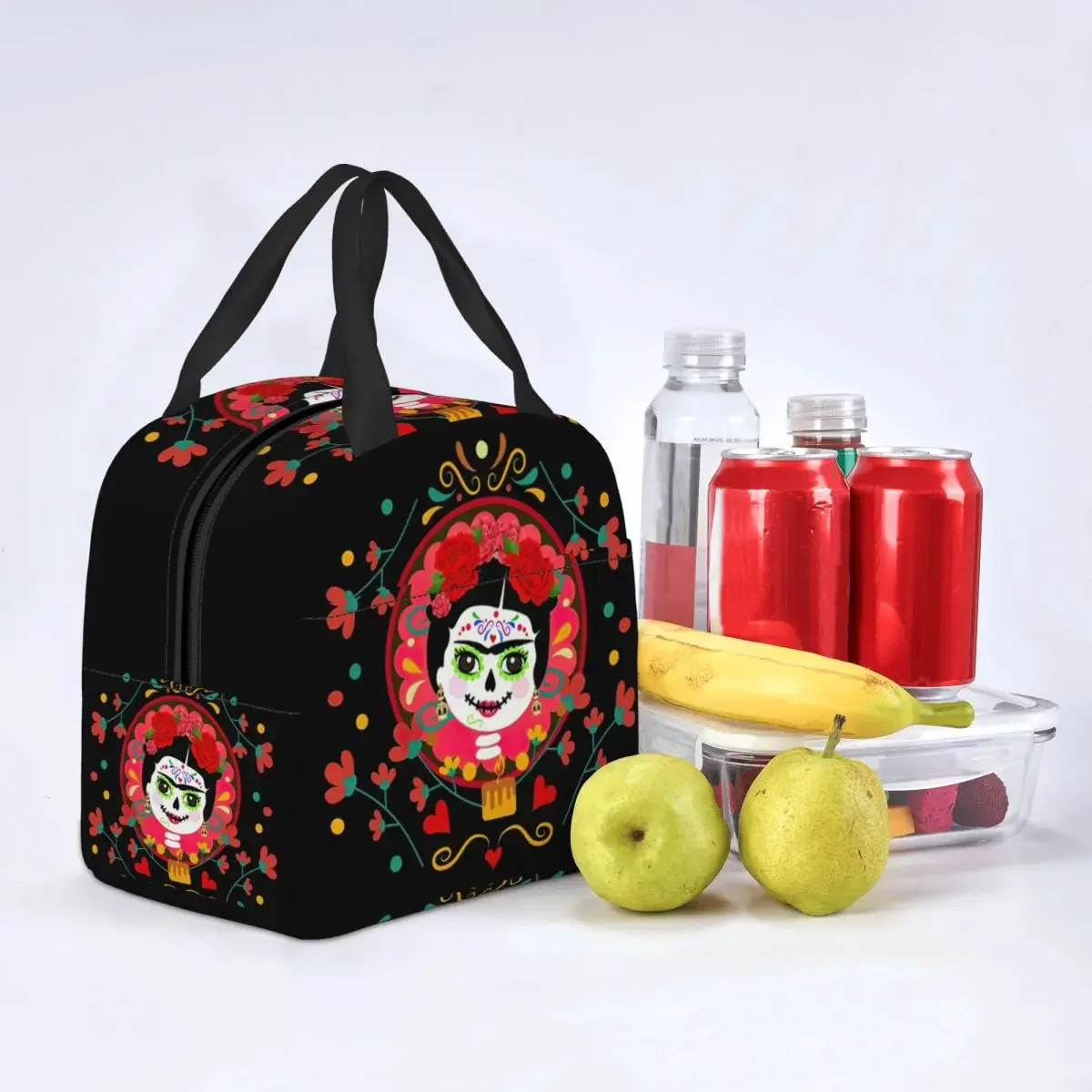 Skull Frida Day Of Dead Insulated Lunch Bags for Work School Mexican Flowers Waterproof Cooler Thermal Bento Box Women Kids