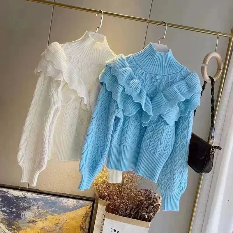 Sweet Ruffles Turtleneck Sweaters Sweet Purple Pink Twists Knitwear Korean Aesthetic Crop Top Warm Winter Jumpers Sexy Pullover