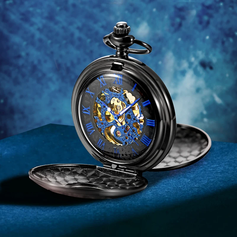 1pc Black Gold Mechanical Pocket Watch with Dial Blue Gold Rich Colors Give a Black Pendant Necklace Suitable for Men and Women