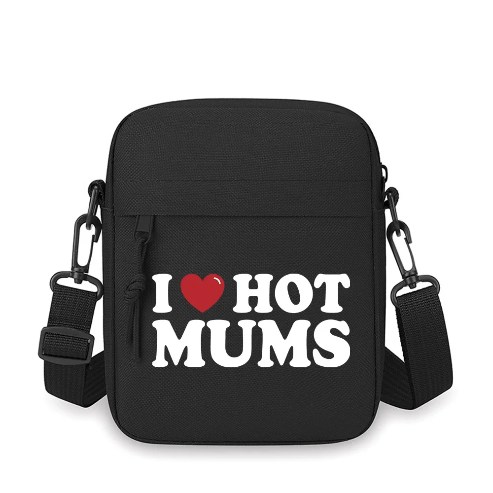 

Love heart hot mums. White letters. Men Crossbody Bag Single Shoulder Women Cartoon Anime Film Printing Design Unisex
