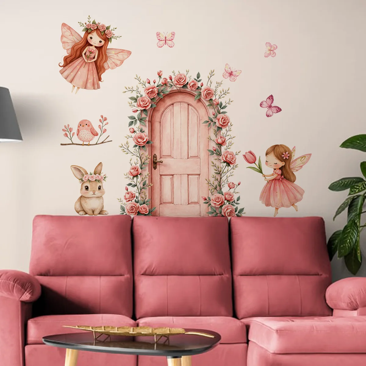 

Dream Cute Rabbit Butterfly and Flower Door Combination Living Room Bedroom Background Decoration Sticker