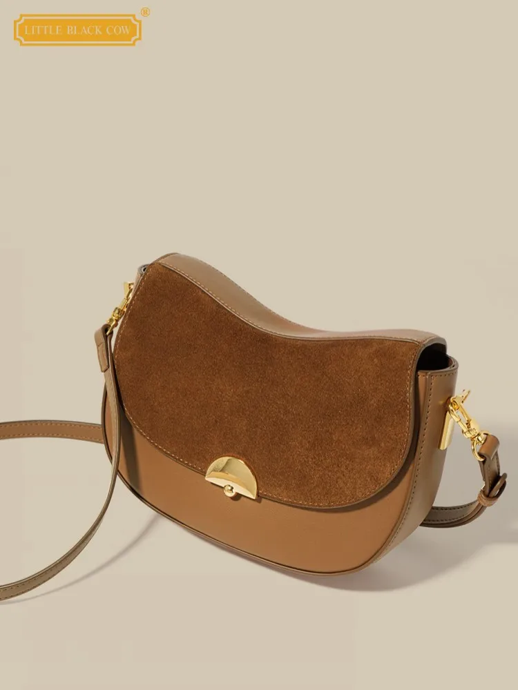 

Vintage Women Suede Leather Patchwork Saddle Bag Cow Split Leather Shoulder Bag Office Ladies Autumn Sling Strap Crossbody Bags