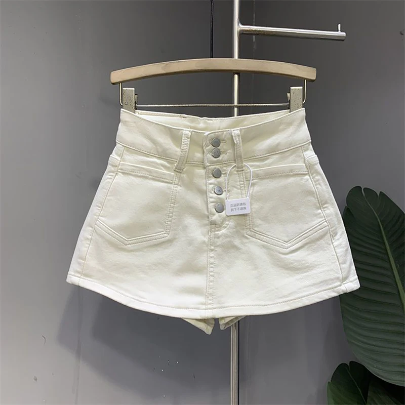 Falda corta vaquera azul claro para mujer, pantalones cortos acampanados falsos de dos piezas de cintura alta de estilo coreano, pantalones cortos de verano con botonadura, ropa de calle
