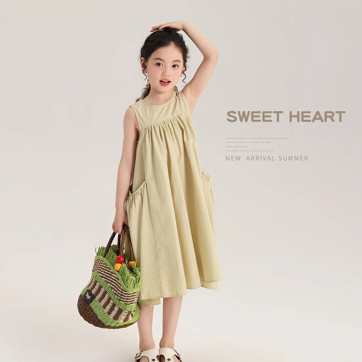 

Girl Dress Sweet Solid Light Dress Elegant Generous Girls Sundress Both Sides Large Pockets Design Sense Baby Girls Solid Skirt