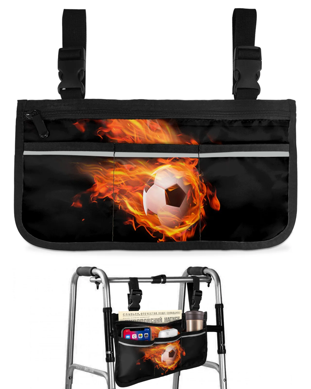 Flame Football Black Soccer Wheelchair Bag With Pockets Armrest Side Bags Electric Scooter Walking Frame Storage Pouch