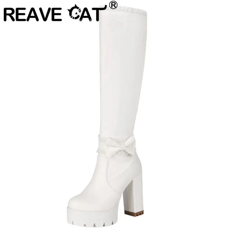 

REAVE CAT 2025 Lovely Ladies Dating Knee High Boots Round Toe Block Heels 11cm Sole 3.5cm Zip Bow Plus Size 48 49 50