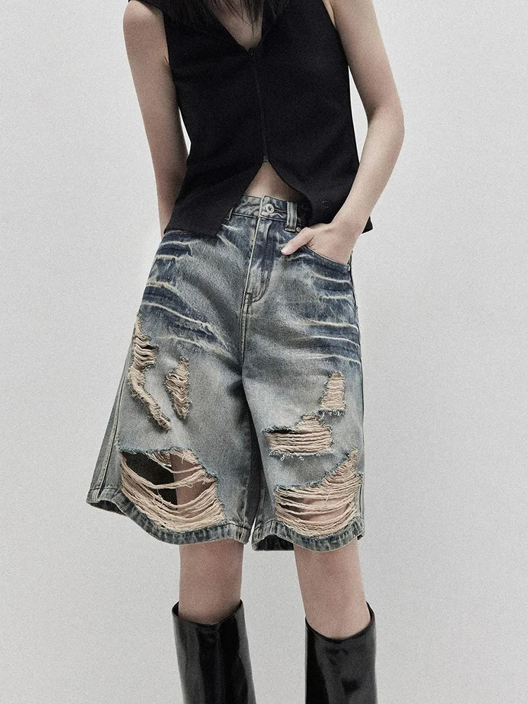 

Jmprs Hole Streetwear Джинсовые шорты Женские винтажные джинсовые шорты с высокой талией Y2K Повседневные свободные дизайнерские шорты в американском стиле хип-хоп Bf Новые